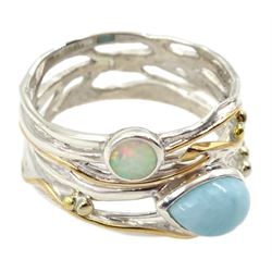 Silver and 14ct gold wire opal and larimar ring, stamped 925 