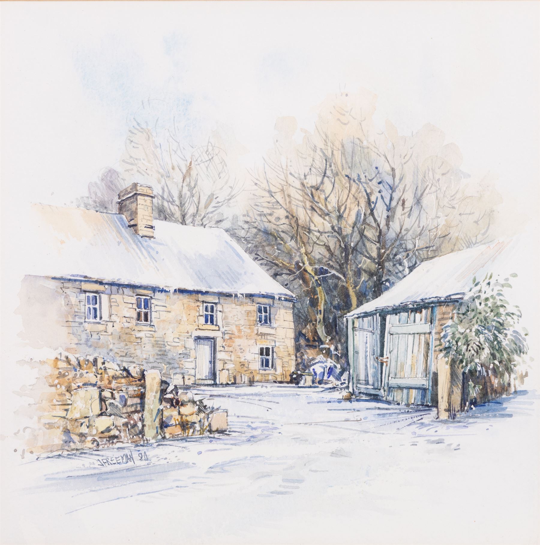 John Freeman (British 1942-): 'Morel Farm' and Farm in Winter, pair watercolours signed and dated '90, one titled, 23cm x 23cm (2)