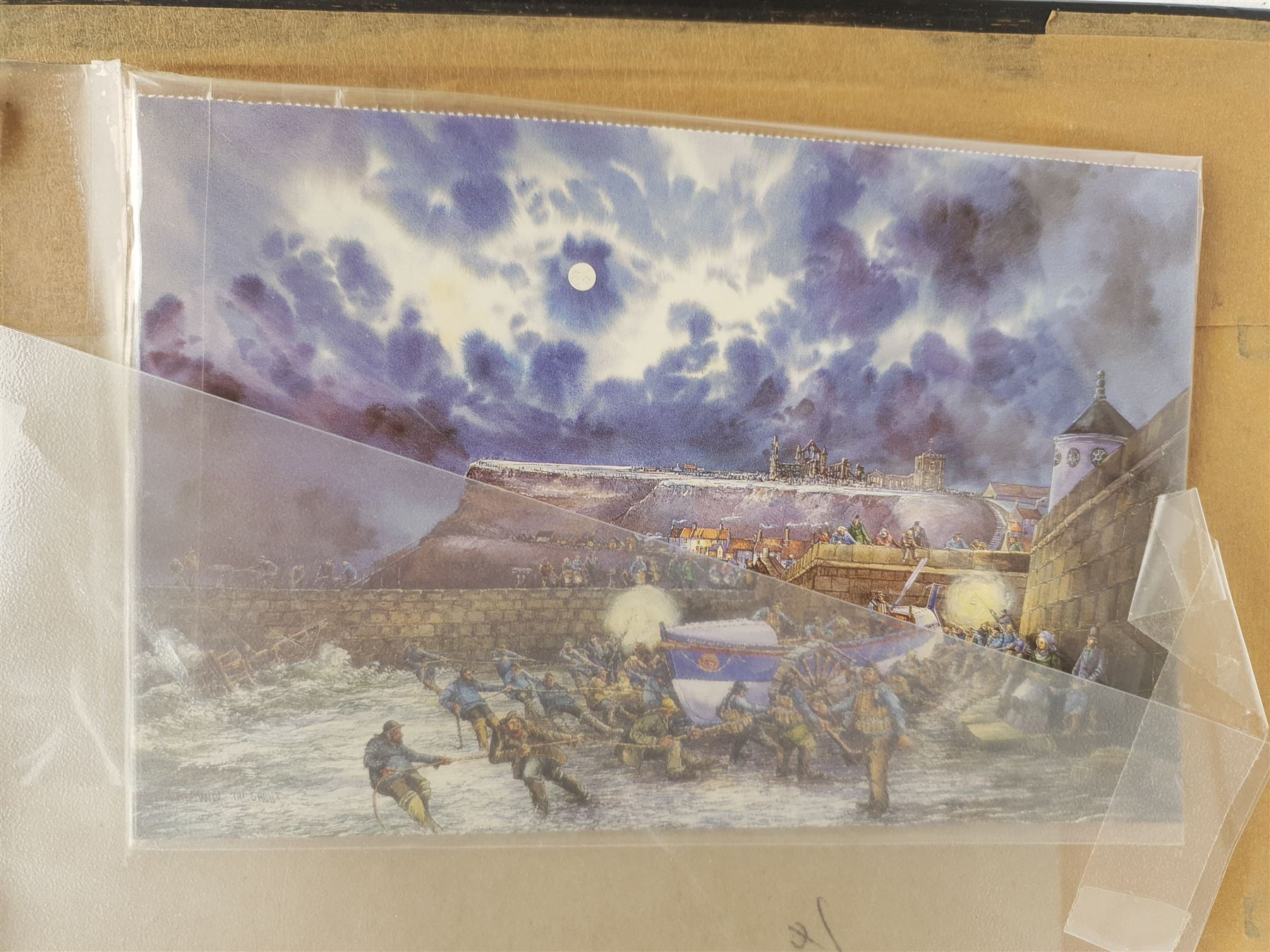 John Freeman (British 1942-): 'Sketch for 'The Shout'', pencil signed titled and dated '04, 19cm x 28cm, together with a postcard depicting the final watercolour 
Notes: this scene depicts coxswain Henry Freeman (1835-1904) overseeing the launch of the Whitby lifeboat 'Robert and Ellen Robson' c.1890. Freeman was the only survivor of the Whitby Lifeboat disaster of 9th February 1861, when over 200 ships were wrecked off the North East coast.