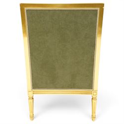 Meritalia - French Empire design gilt framed armchair, the high back over scrolled arm terminals, reeded bottom rail over fluted tapering supports, upholstered in sage green and cream lozenge patterned suede fabric with loose seat cushion
Notes: By vendor's repute originally commissioned in the 1990s by Prince Jefri Bolkiah and the Brunei royal family for use in guest suites.