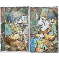 Terry Durham (British 1936-2013): 'Gran'ma Bogart' and 'Gran'pa Bogart', pair pen and ink portraits signed, titled on label verso 16cm x 10cm (2)