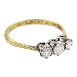 Mid 20th century 18ct gold three stone round brilliant cut diamond ring, the shank dated '13/7/49', total diamond weight approx 0.40 carat, boxed