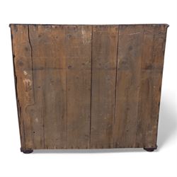 Early 19th century mahogany chest of drawers, the rectangular top with boxwood line inlay above two short and three long graduating drawers, each with turned wooden knobs and bone escutcheons, flanked by fluted uprights with diamond inlaid panels, on shaped bracket feet