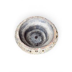 19th century terracotta campana shape urn planter, egg-and-dart moulded rim over a cherub-mask and gadrooned underbelly, turned pedestal and socle on square base