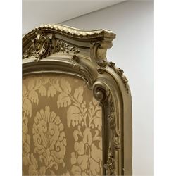 Late 19th/early 20th century French Rococo style gilt wood and gesso dressing screen, four double hinged panels, each with shaped cresting rail over shell and floral frieze, moulded frame with flower head and scroll decoration, acanthus leaf cabriole supports with castors, upholstered in gold Damask fabric