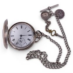 Late Victorian silver cased half-hunter pocket watch, with enamel numerals to cover and su...