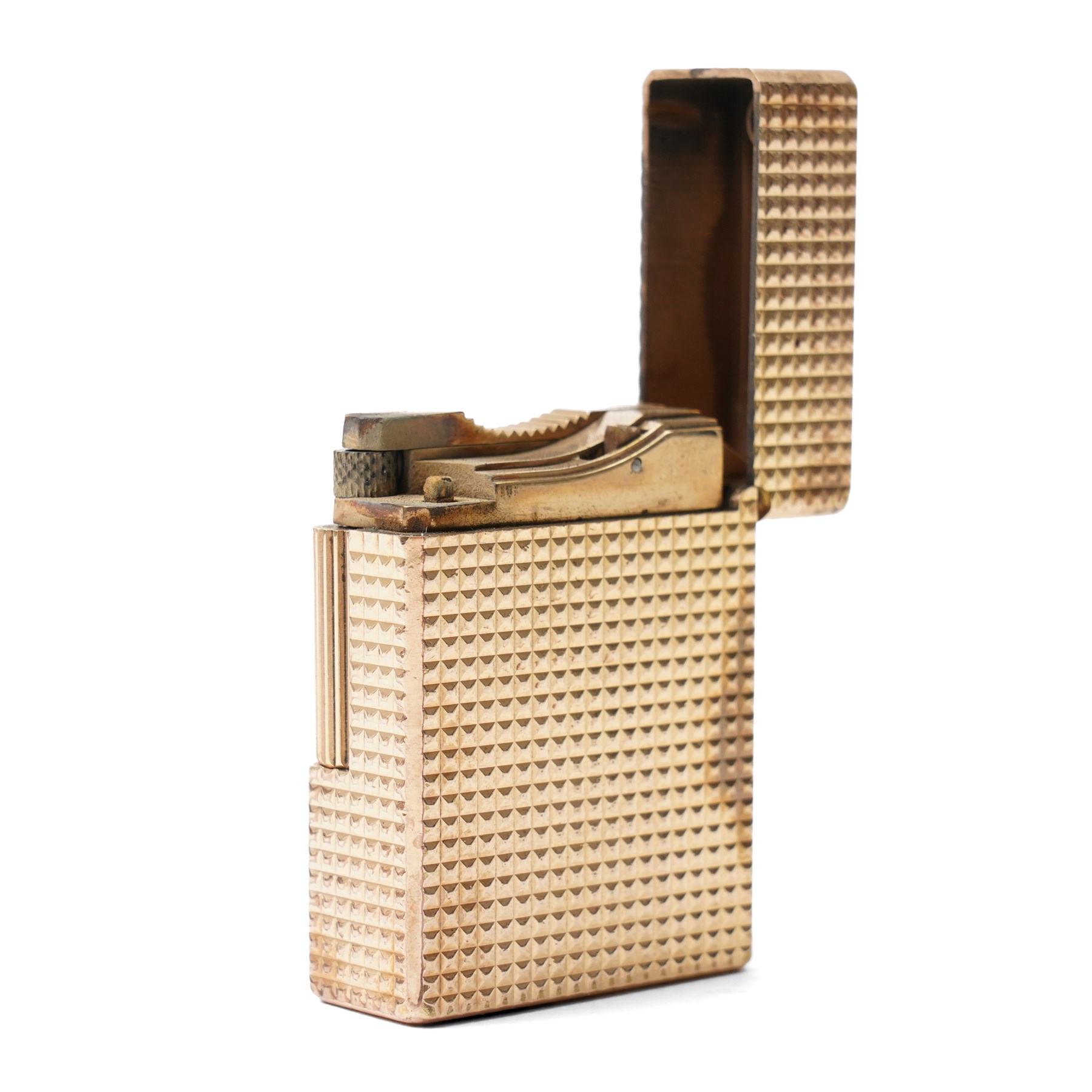 S.T. Dupont - gilt metal pocket lighter, rectangular form with all-over engine-turned diamond decoration and reeded thumbpiece, stamped S.T. Dupont Paris, Made in France, with original fitted box