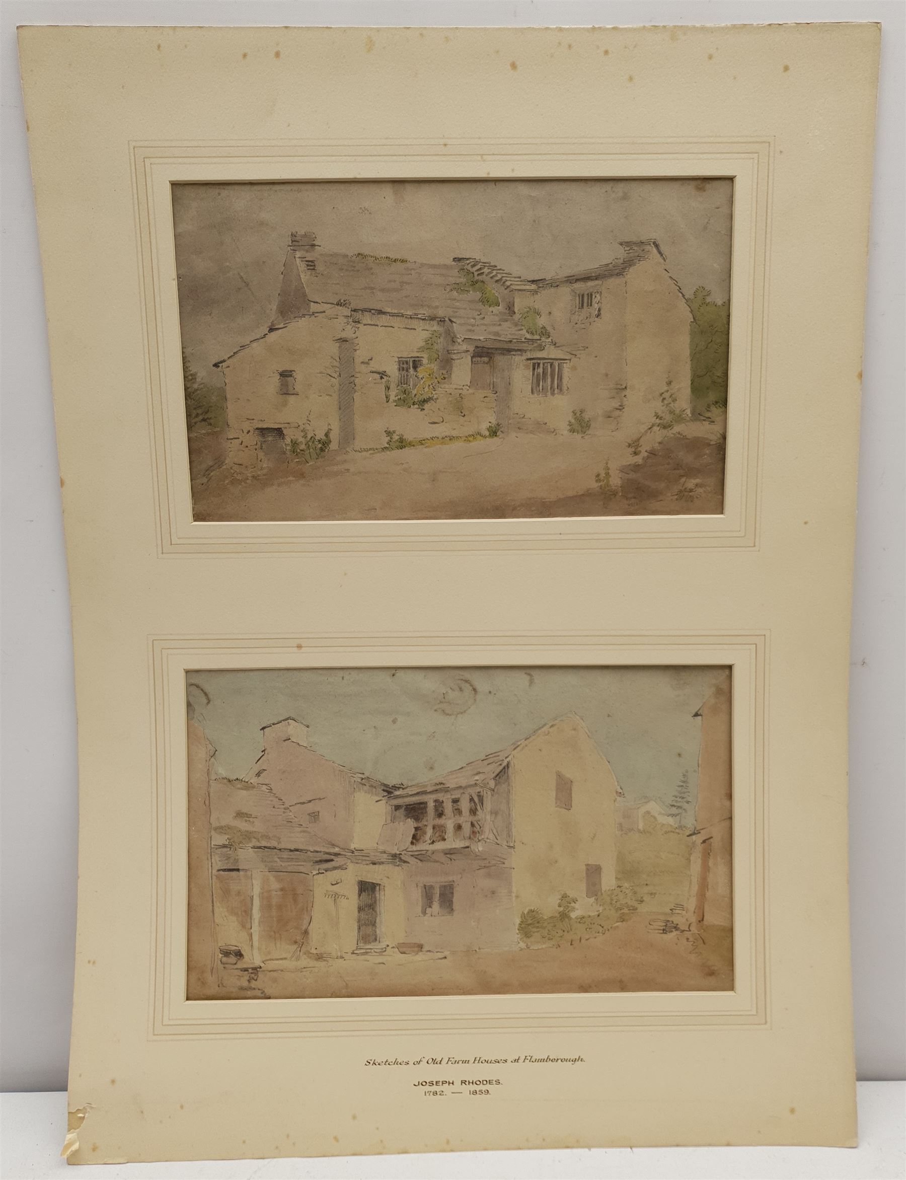 Joseph Rhodes (British 1782-1854): 'Sketches of Old Farm Houses at Flamborough', pair watercolours mounted as one unsigned 16cm x 27cm 
Provenance: collection of Alfred A Haley, Walton, Wakefield, label beneath the mount