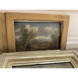 English School (19th century): Country Landscapes, three oils on panel, together with another naive 19th century oil on panel by another hand, max 15cm x 20cm (4)