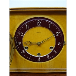  Mid-century Smiths walnut and maple mantel clock, angular case with three train movement quarter hour Westminster chiming on rods, a Smiths oak cased mantel clock and an inlaid mahogany case mantel clock, both with twin train movements, H23cm max (3)  