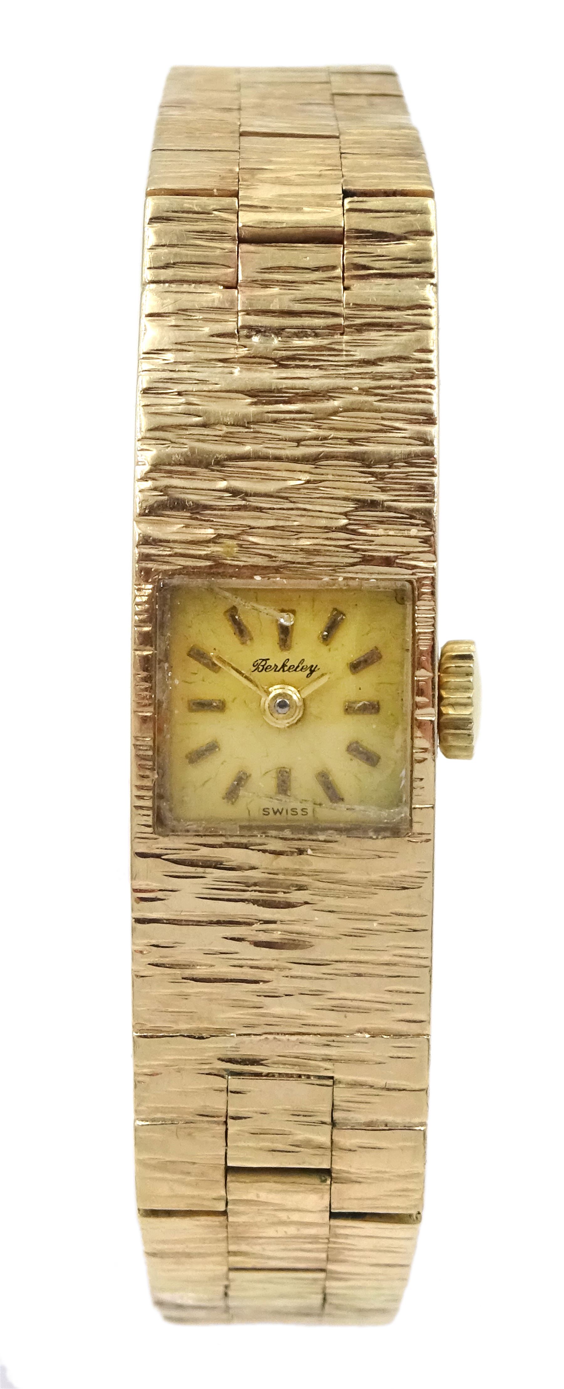 Berkeley 9ct gold ladies manual wind wristwatch, on 9ct gold bark effect bracelet, hallmarked