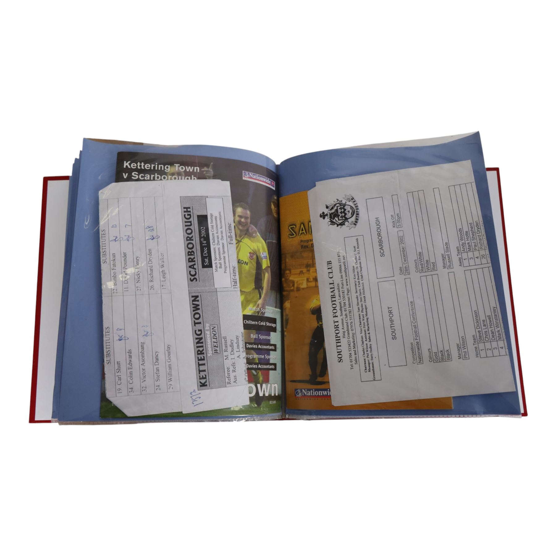 Comprehensive collection of approximately two hundred and twenty Scarborough FC football programmes for the 1999/00, 2000/01, 2001/02 and 2002/03 seasons, all filed within eight dedicated Scarborough FC red Home and Away binders