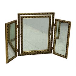 Four decorative mirrors, including gold-toned triptych dressing mirror with foliate borders, two rectangular framed mirrors and a circular gilt mirror with ornate edging