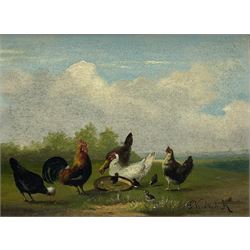 Frans van Severdonck (Belgian 1809-1899): Hens and Chicks, oil on mahogany panel signed 15.5cm x 21cm