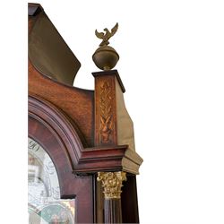 John Bancroft of Scarborough - a fine late George III 8-day mahogany longcase clock, with an elaborate pagoda pediment, brass ball and eagle finials and oval conch shell inlay, break arch hood door flanked by reeded pilasters with brass Corinthian capitals, trunk with inlaid canted corners and a break arch trunk door with 