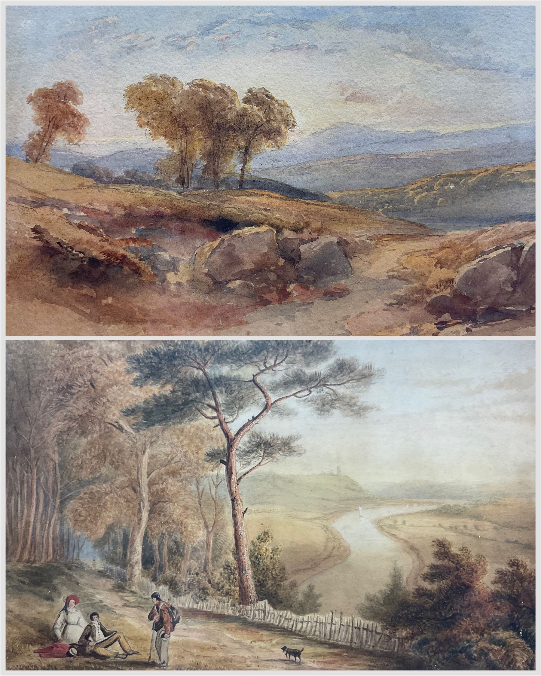 Attrib. Thomas Miles Richardson II (British 1813-1890): Path Over the Grasslands, watercolour unsigned 23cm x 33cm; English School (Mid 19th century): Picnic Beside the River, watercolour faintly signed with monogram 'WA', 21cm x 29cm (2)