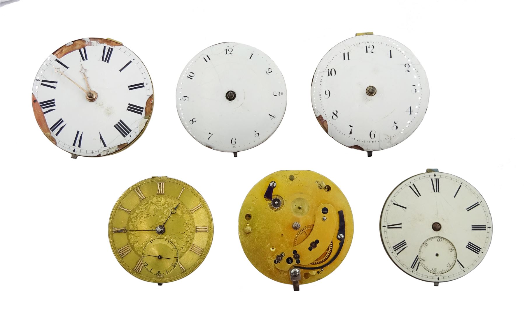 Three verge fusee watch movements by Micham, Surrey, Thomas Sharwood, London and J Edmonds, Liverpool and three lever watch movements by Chatham, Igglesden, J Harris, Manchester and one other, all three with diamond endstones (6)