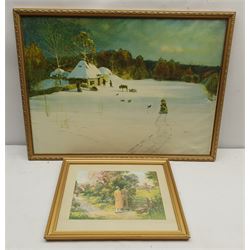 After Winslow Homer, 20th century oil on canvas unsigned, landscape oil on canvas, Sutcliffe print, engraving of Snowdon, needlework and two prints (7)