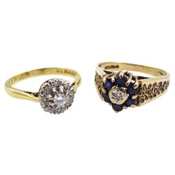 18ct gold diamond cluster ring and a 9ct gold sapphire and diamond cluster ring, both hallmarked 