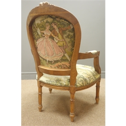  French style armchair, floral carved beech frame, tapestry upholstered seat and back, turned and fluted supports  