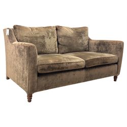 Duresta - three piece 'Finsbury' lounge suite comprising one three-seat sofa, a two-seat sofa and armchair, upholstered in mink coloured velvet, with box seat cushions and deep seat over tapered arms on short stained bun feet (Three seat H 80cm, W 207cm, D105cm, two seat H80cm, W168cm, D105cm, armchair H80cm, W89cm, D105cm)    