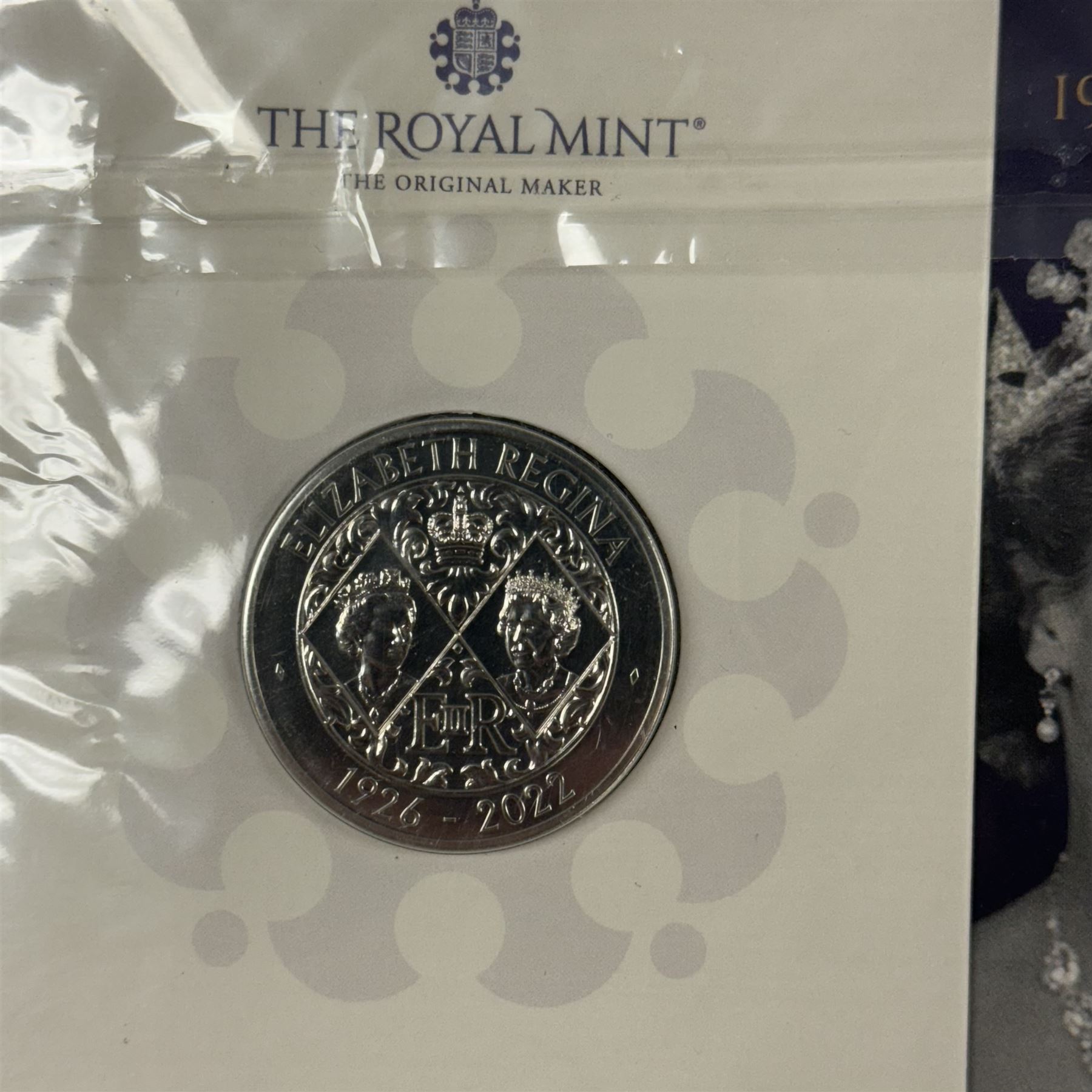 Nineteen The Royal Mint United Kingdom uncirculated commemorative coins or sets, including Queen Elizabeth II 1989 '1689 1989' two pounds, 2001 'Victorian Anniversary' crown, 2003 'Coronation Jubilee' five pounds, 2004 'Britain's new coinage' three coin set, 2005 'The End of WWII' two pound, 2006 'Her Majesty Queen Elizabeth II Eightieth Birthday', 2015 'The Royal Navy' two pounds, 2016 'The Last Round Pound', 2022 '1926-2022' five pounds, King Charles III 2023 'The Coronation' five pounds etc