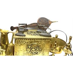 Quantity of fireside accessories to include embossed brass coal box, brass fire companion tools, pair firedogs with spherical terminals, cast iron flat irons, bellows, brass jam pan and other metalware, etc