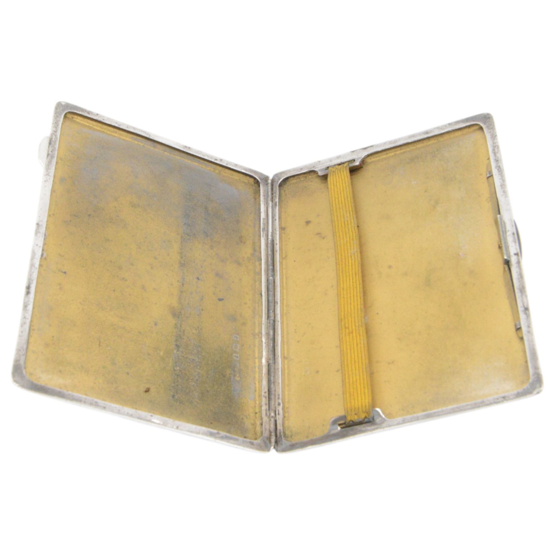 1930s silver cigarette case, of rectangular form, with engine turned decoration and engraved cartouche, hallmarked Mayes, Mills & Co, Birmingham 1933, L12cm