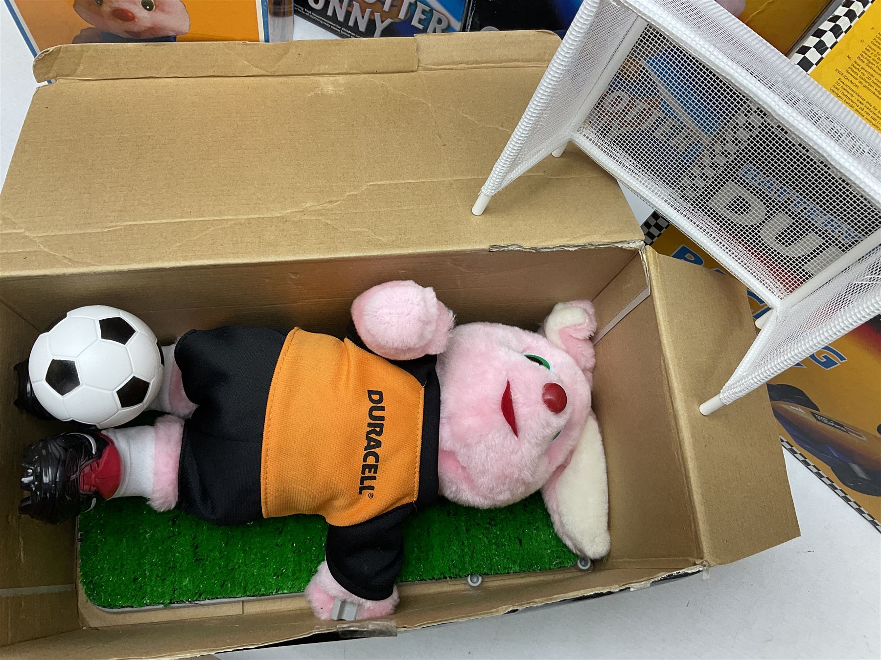 Collection of battery operated Duracell Bunny advertising figures, comprising two limited edition France 98 World Cup football bunnies, racing bunny, football bunny, two globetrotter bunny, fireman bunny and Christmas bunny, all boxed