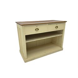 Painted dresser with hardwood top, fitted with two drawers and shelf, on skirted base