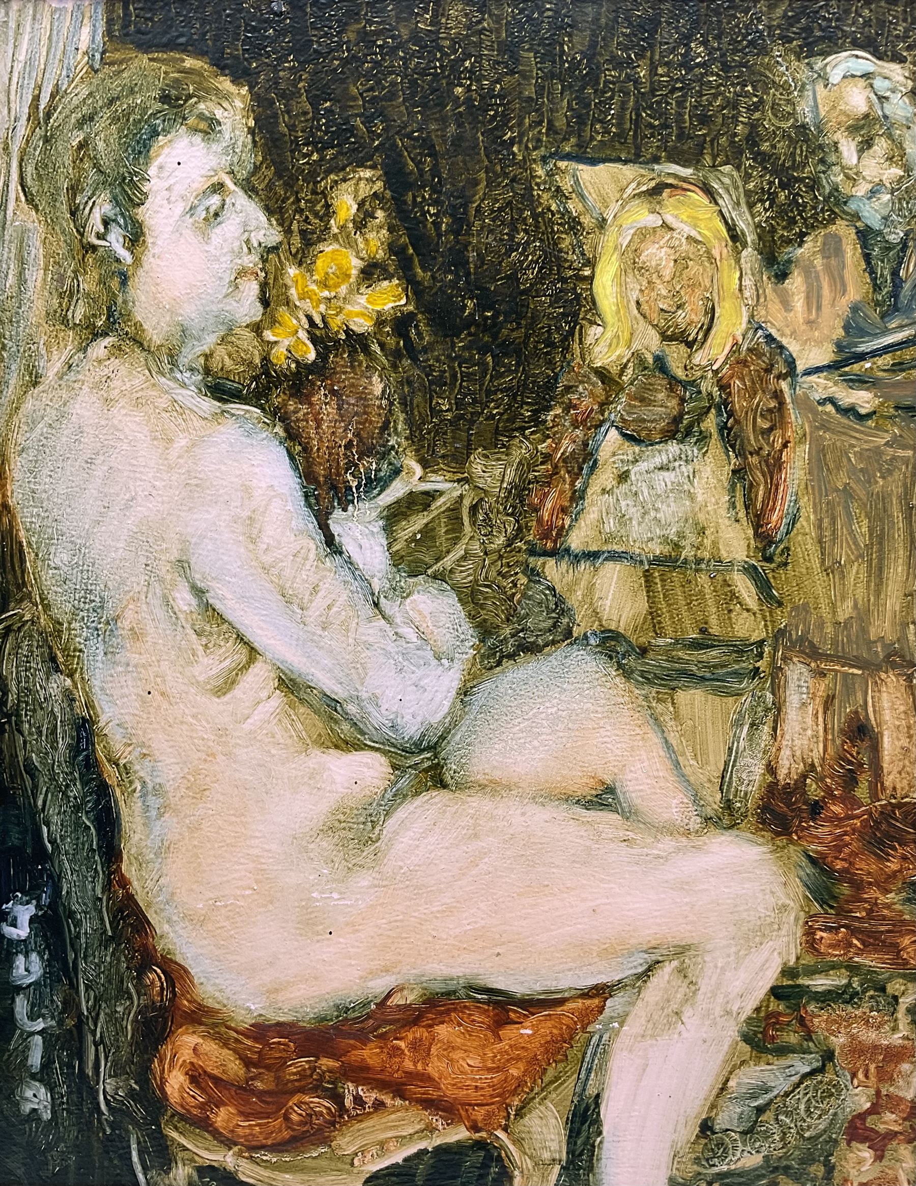 Raymond Arthur Roadnight (British 1941-): 'Julia', oil on board titled in the artist's hand 44cm x 34cm 
Provenance: the artist's studio collection. Born in High Wycombe, Roadnight spent three years training under Patrick Reyntiens and John Piper creating stained glass windows for Liverpool and Coventry cathedrals. These works included the great baptistry window in the New Coventry Cathedral, the 'Lantern' atop the Catholic Cathedral in Liverpool, and the grand windows in Oundle School Chapel. He has exhited at Royal Academy, Alfred East Gallery, Chichele College in Higham Ferriers, and Burleighfield House in Loudwater.