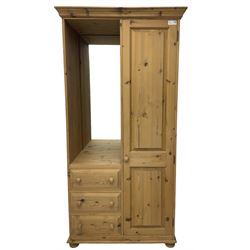 Traditional pine combination wardrobe, recessed cupboard with mirror back, fitted with single cupboard and three drawers