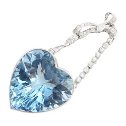 Platinum aquamarine and diamond pendant / brooch, the large faceted heart cut aquamarine, mounted within an openwork heart design gallery, suspending from a polished and milgrain set old cut diamond pendant, with bow design brooch top, set with further old cut diamonds and a single marquise cut diamond, in fitted velvet and silk lined box by Bloom & Sons, London, aquamarine approx 55.00 carat, total diamond weight approx 0.60 carat