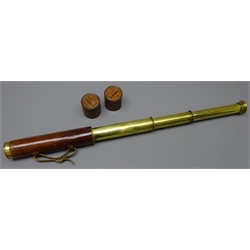  Leather and brass three-draw telescope engraved ' Reconditioned for John Barker & Co. by Broadhurst Clarkson & Co' L71cm extended  