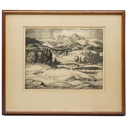 Philip Leslie Moffat Ward (British 1888-1978): 'The Langdales from Tarn Hows', monochrome etching signed titled and dated '54 in pencil 27.5cm x 35cm