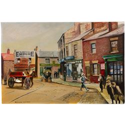 Bernard Whitaker (British 20th century): Horse-drawn Carriages in Castleford, oil on canvas board signed 50.5cm x 76cm (unframed)
