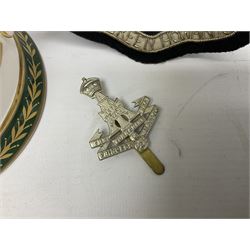 Limited edition Spode Green Howard's twin handled loving mug, no 205/300, with certificates, together with a Green Howards cased Tercentenary medal (1688-1988), cap badge and embroidered patch, largest H11.5cm