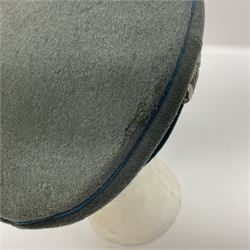 WW2 German Infantry Officer's visor cap with cloth insignia; labelled and stamped Offizier Kleiderkasse Berlin and Erel Stirnschutz