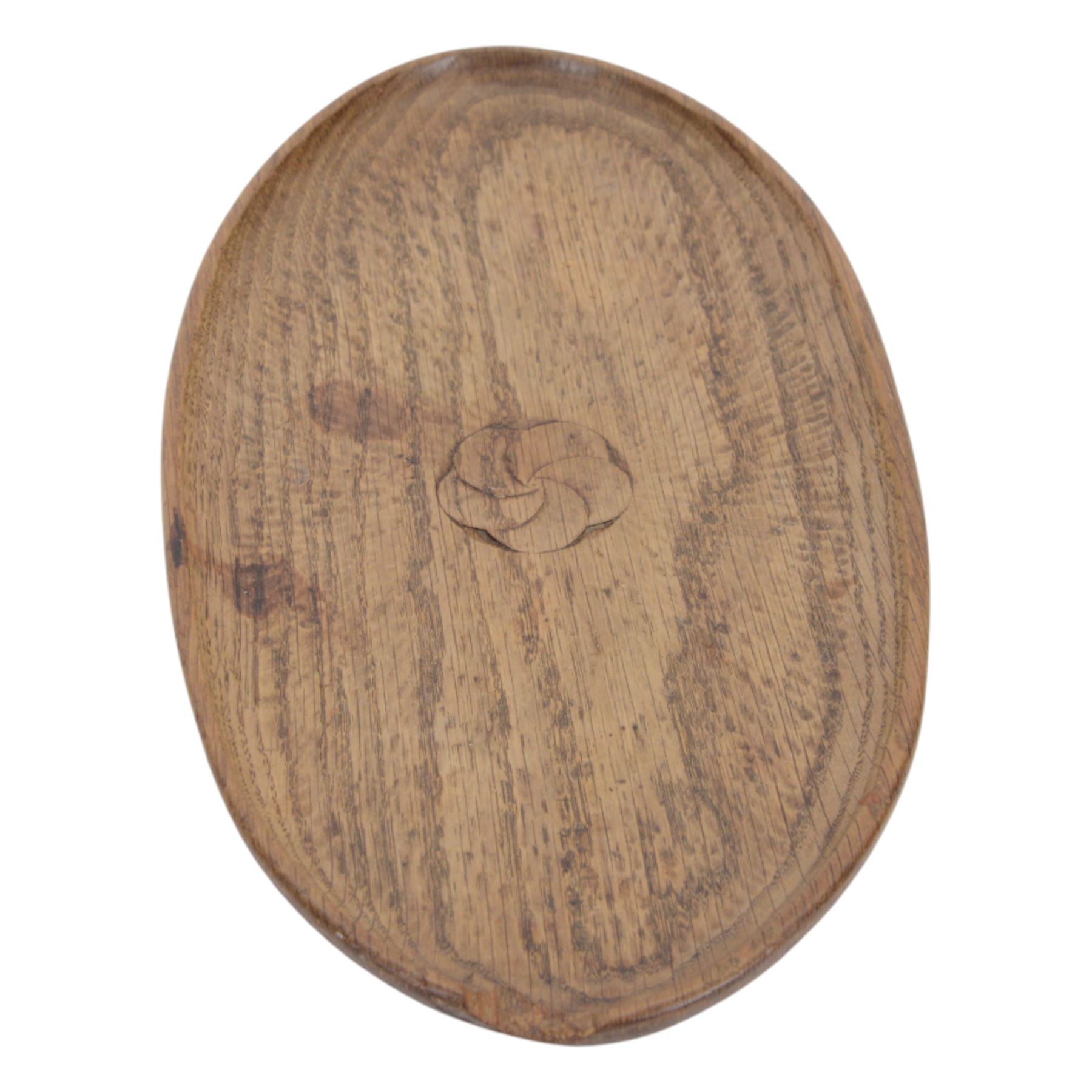 Gnomeman - tooled oak dish, carved with rose motif to the center, carved beneath with gnome signature, by Thomas Whittaker, Littlebeck, L36cm