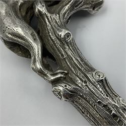 Victorian silver walking cane handle, modelled as a panther upon a tree branch, hallmarked London 1851, maker's mark worn and indistict