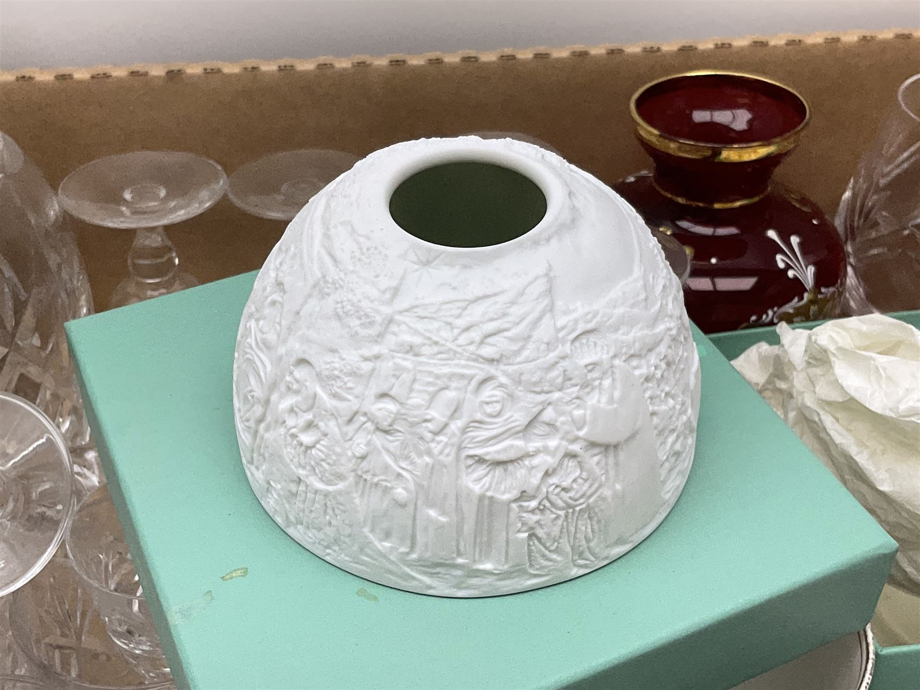 Murano glassware; Coalport and other figures; cut glassware including two decanter sets; drinking glasses; small collection of table bells; royalty commemorativeware etc