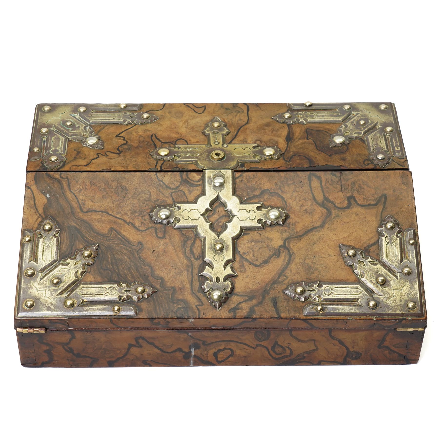 Victorian figured walnut writing slope, with brass mounted gothic decoration to cover opening to reveal purple slope, and compartmentalised interior, with key, W35cm