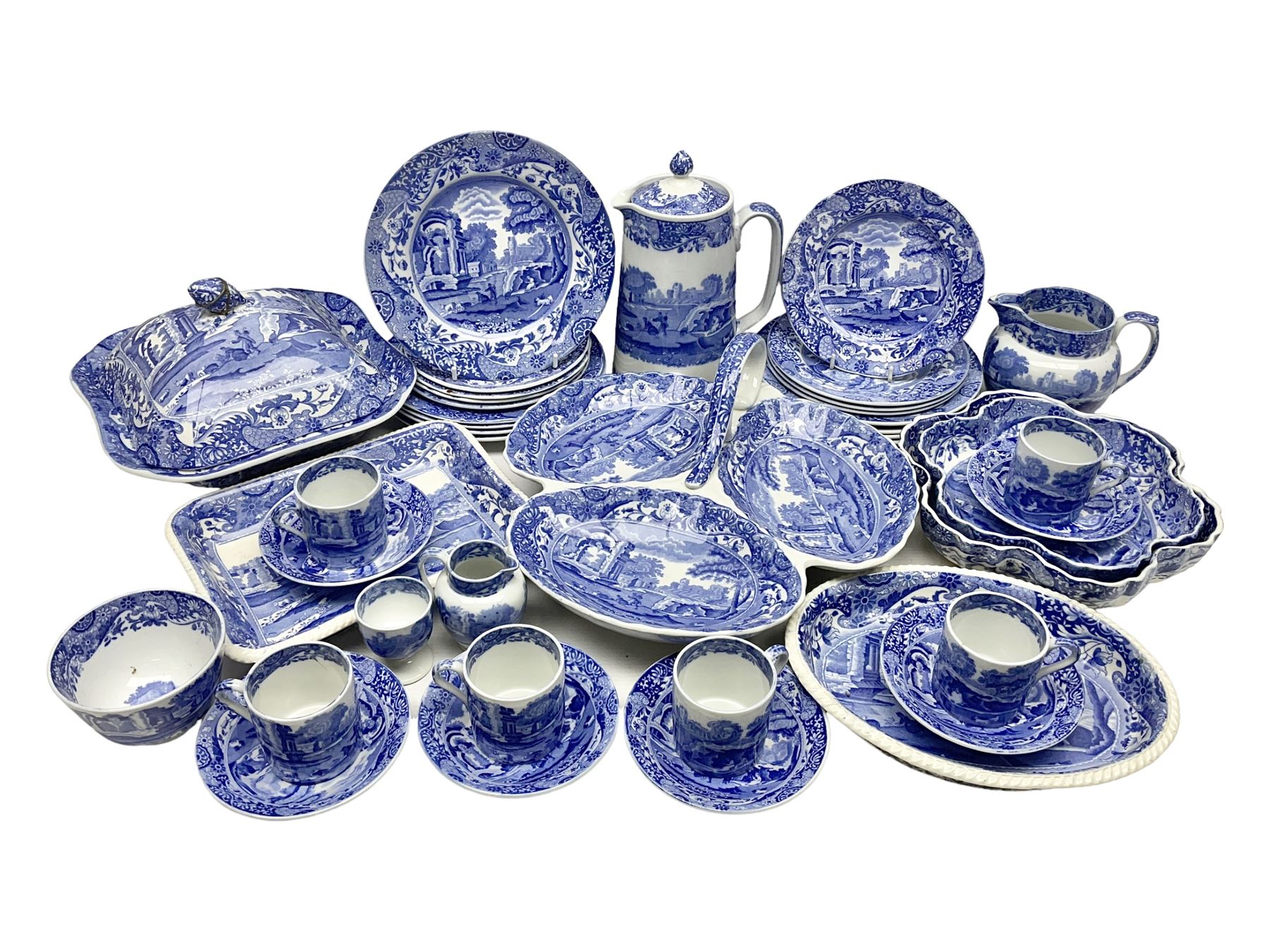 Copeland Spode Italian pattern tea and dinner wares, including hor d'oeuvres dish, tureen and cover, coffee pot, six coffee cans and saucers, etc, all with blue printed marks beneath (40)