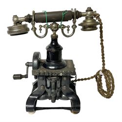 Early 20th century Skeleton Type telephone, probably made by Ericsson, marked MR No. 16, with headset, H30cm