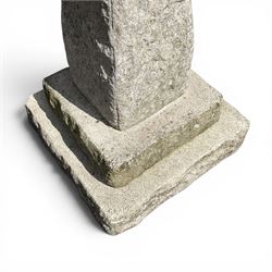 Early 20th century composite three-piece stone birdbath, square dished top on tapering pedestal and stepped base