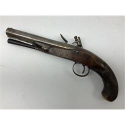 Early 19th century flintlock pistol by George Wallis Hull, the 16cm barrel with ram rod under, chequered walnut stock with sunburst engraved German silver butt cap and horn fore-ends, engraved steel furniture with pineapple finial, gold poincon for Hull to top of barrel and for Wallis to lock plate 30cm overall
