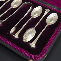 Set of six late Vitorian silver spoons and sugar tongs, each with twist and scroll handles and fluted bowls, hallmarked 	Josiah Williams & Co, London 1894, contained within fitted case