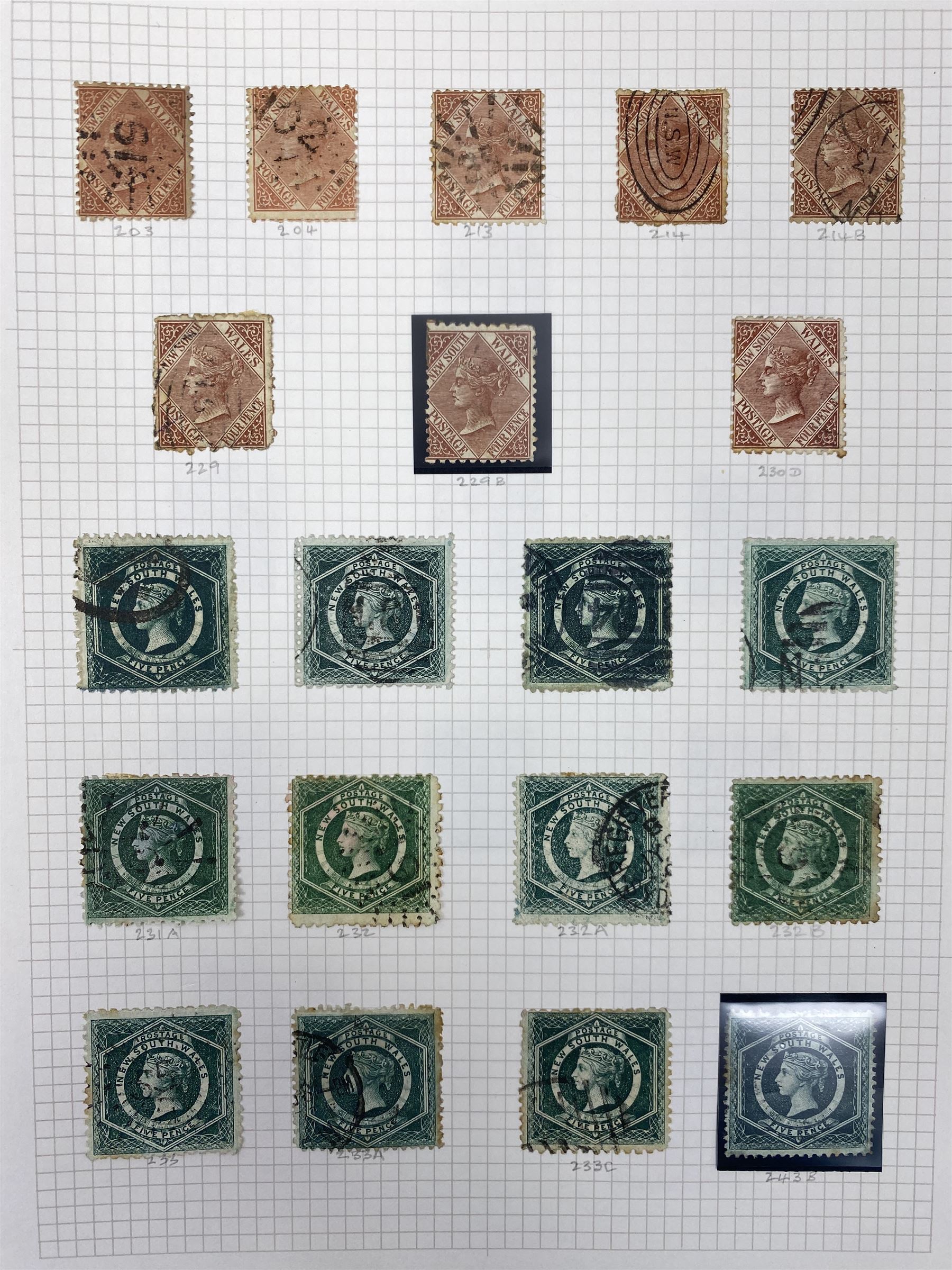 Australia New South Wales stamps, including 1850-4 various imperf issues, 1854-6 including five pence, six pence, one shilling etc, 1856-60 registered letter stamps, 1861-88 five shillings etc, housed on pages