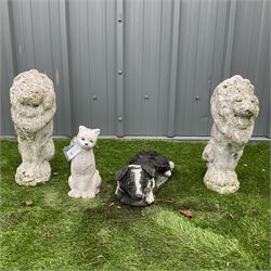 Cast stone garden figures in shape of a dog, cat and lions  - THIS LOT IS TO BE COLLECTED BY APPOINTMENT FROM DUGGLEBY STORAGE, GREAT HILL, EASTFIELD, SCARBOROUGH, YO11 3TX