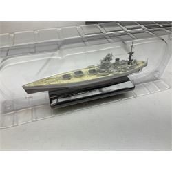 DeAgostini Atlas Editions - HMS Anson, HMS Exeter, HMS Renown, HMS Nelson, HMS Warspite, HMS Hood, Bismark, and USS Saratoga, all boxed; DeAgostini - Gneisenau, Blucher, and Prinz Eugen, packaged; together with ten further DeAgostini battleships, unboxed, and a Gilbow RMS Olympic model, boxed (qty)